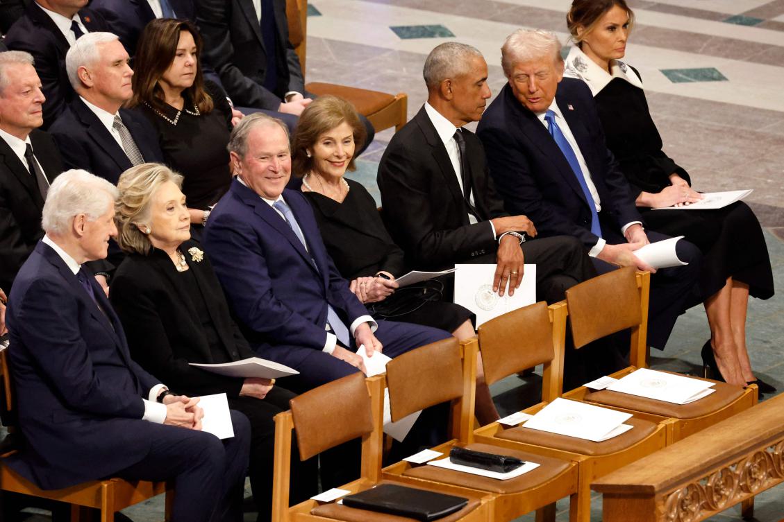 (L-R) Former US Vice Presidents Al Gore and Mike Pence, Karen Pence, former US President Bill Clinton, former Secretary of State Hillary Clinton, former US President George W. Bush, Laura Bush, former US President Barack Obama, US President-elect Donald Trump and Melania Trump attend the state funeral for former US President Jimmy Carter at Washington National Cathedral on January 09, 2025 in Washington, DC. (Getty Images via AFP)