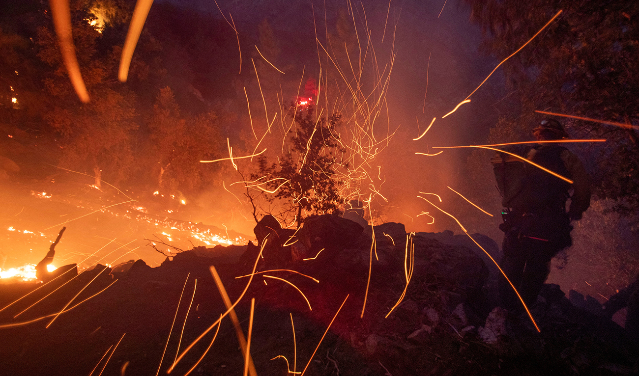 The wind whips embers while a firefighter battles the fire in the Angeles National Forest near Mt. Wilson as the wildfires burn in the Los Angeles area, during the Eaton Fire in Altadena, California, US on January 9, 2025. (REUTERS)