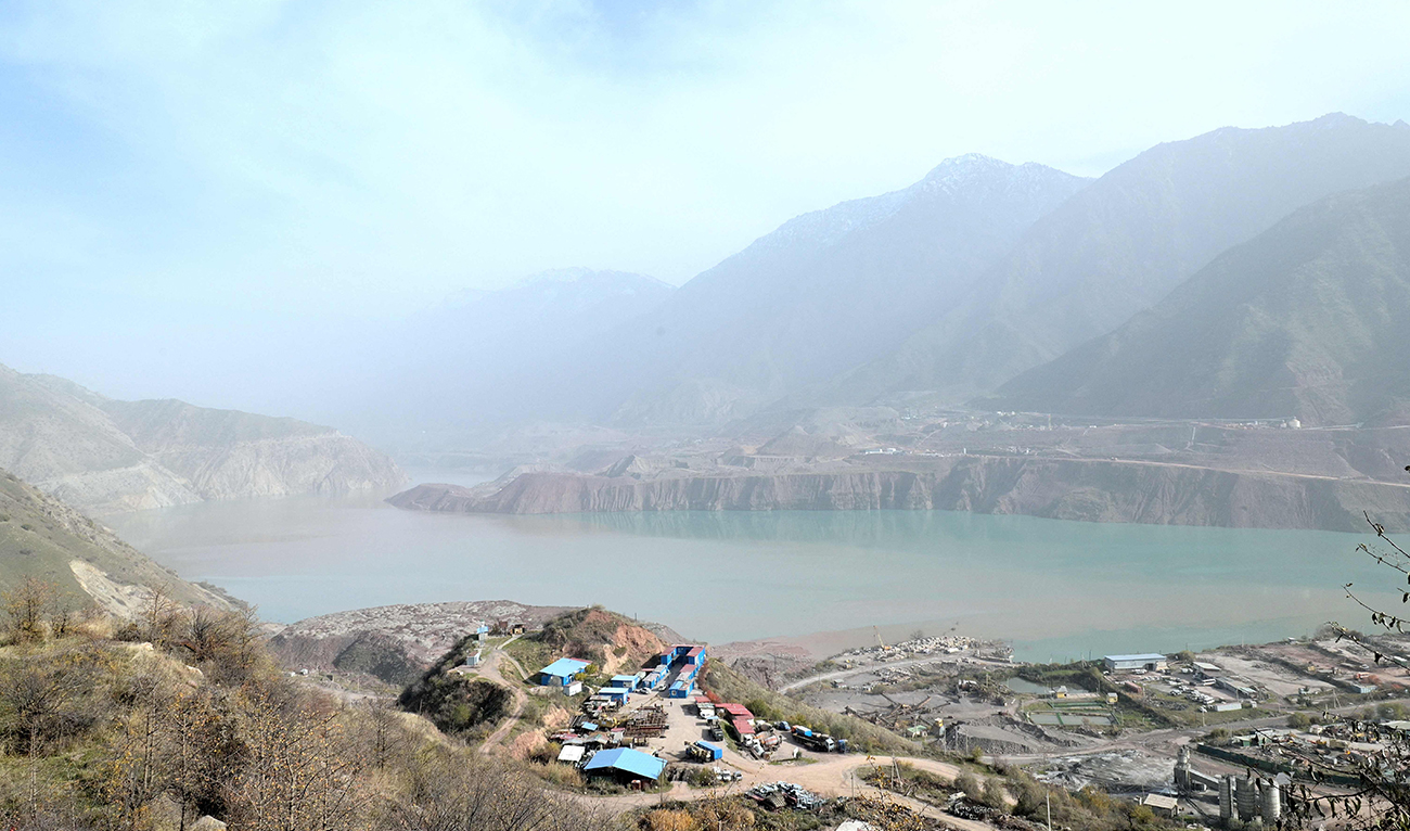 A picture taken on November 28, 2024 shows the reservoir that will feed the under construction Rogun hydroelectric power station near the Tajik city of Rogun. (AFP)