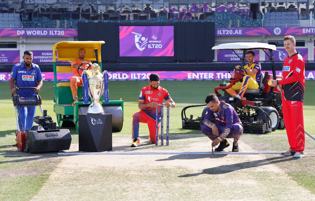 DP World ILT20 captains pose with the tournament trophy at the Dubai International Stadium turf. (Supplied)