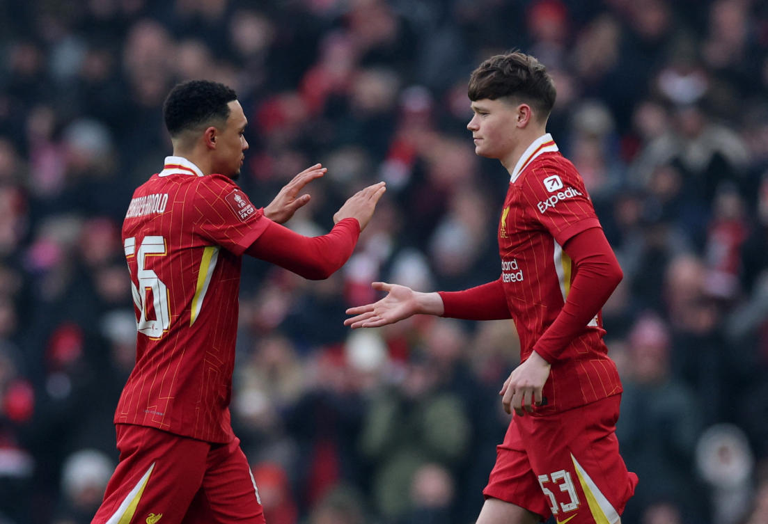 Liverpool’s James McConnell comes on as a substitute to replace Trent Alexander-Arnold during their FA Cup — Third Round — match against Accrington Stanley — Anfield, Liverpool, Jan. 11, 2025. (Reuters)