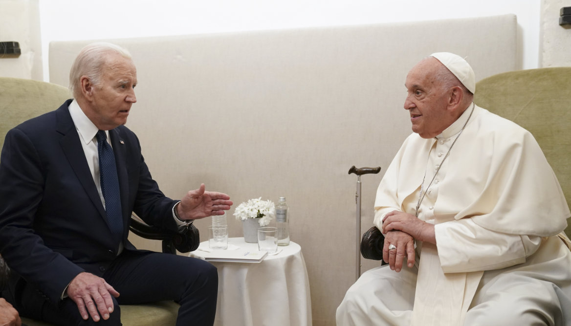 President Joe Biden, left, meets with Pope Francis in Savelletri, Puglia, Italy, June 14, 2024. (AP)