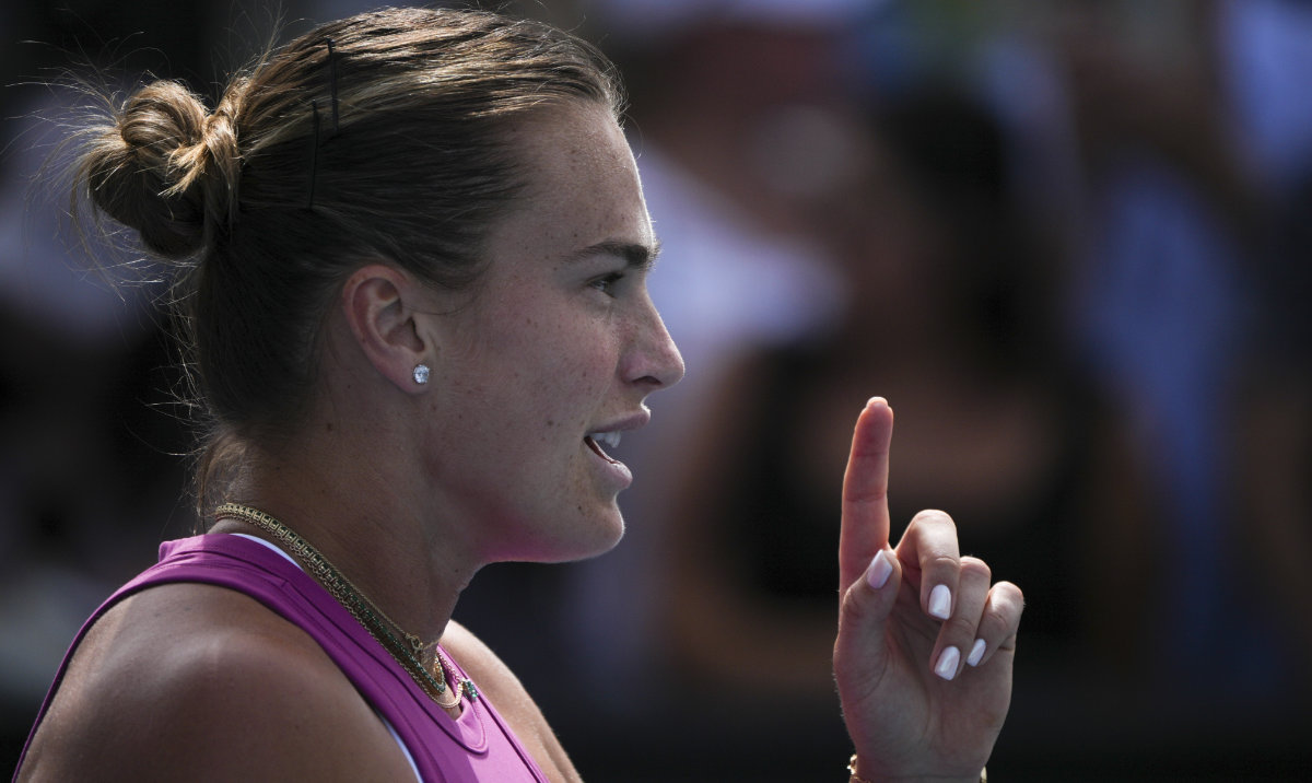 Aryna Sabalenka of Belarus gestures during a practice session ahead of the Australian Open tennis championship in Melbourne, Australia, Thursday, Jan. 9, 2025. (AP)