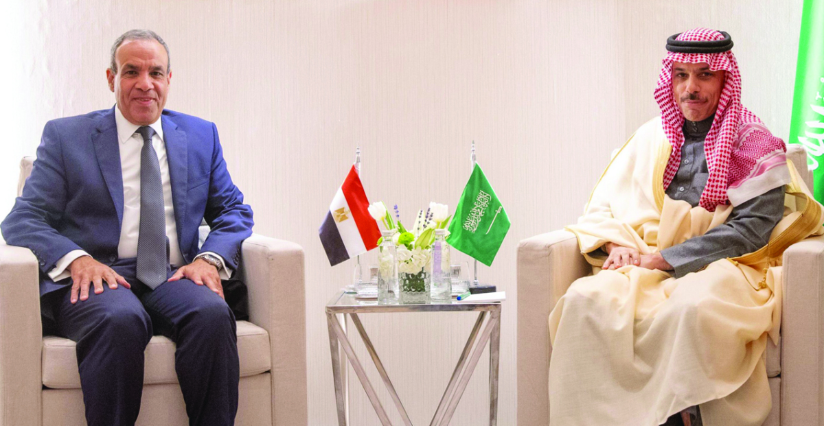 Prince Faisal bin Farhan (R) holds talks with Badr Abdelatty in Riyadh. (Supplied)