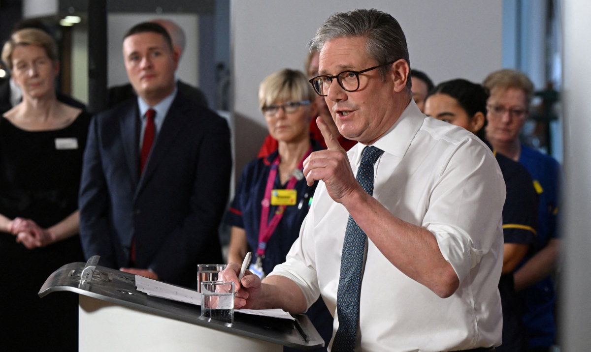 Britain's Prime Minister Keir Starmer pictured giving a speech at a healthcare provider in Surrey, on January 6, 2025 in Epsom, Britain. (Reuters)