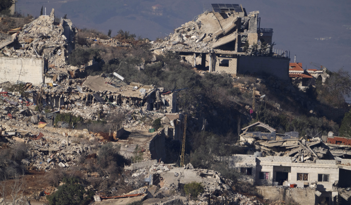 Destroyed buildings in an area of the village of Odaisseh in southern Lebanon, located next to the Israeli-Lebanese border, as seen from northern Israel, Dec. 1, 2024. (AP file photo)