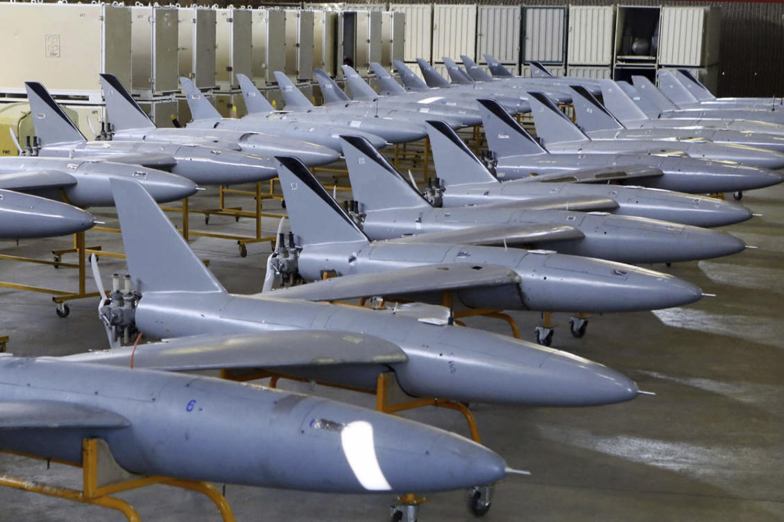 In this photo provided Monday, Jan. 13, 2025, by the Iranian Army, domestically-built drones are displayed in a ceremony to deliver the drones to the army. (AP)