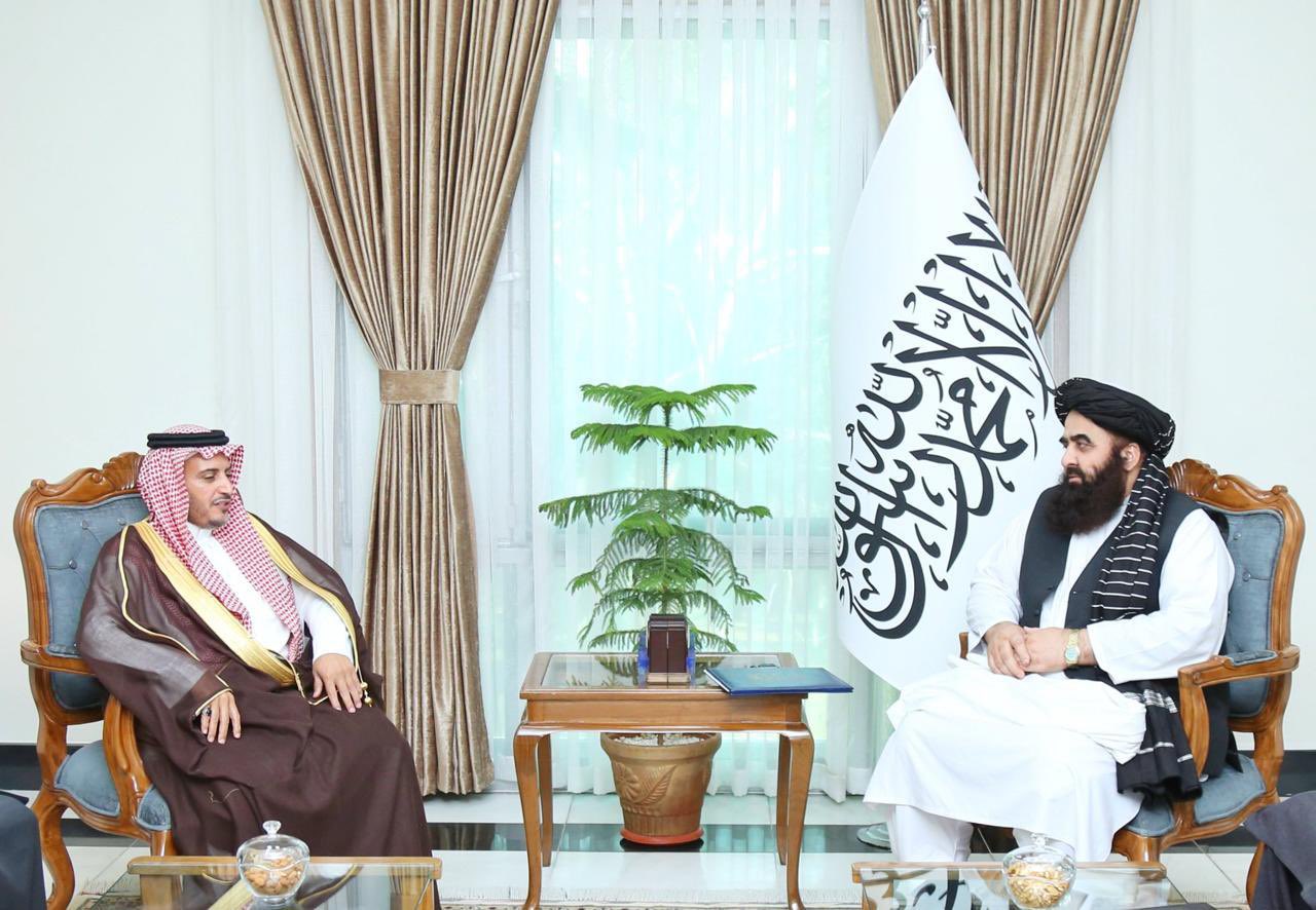 Saudi Ambassador to Afghanistan Faisal Torki Al-Buqam meets with Afghanistan's acting foreign minister Amir Khan Muttaqi. (Saudi Embassy in Afghanistan)