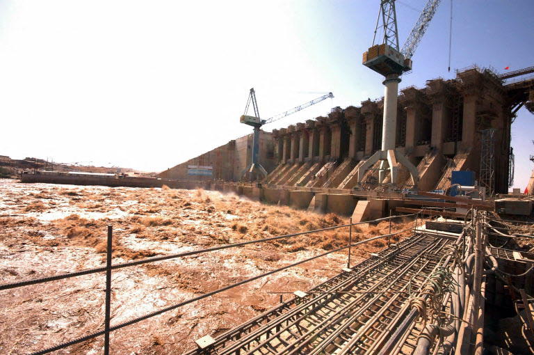 The waters of the Nile river cascade through the Merowe dam construction site in the Hamdab area, around 40 kilometres upstream from the northern Sudanese city of Merowe. (File/AFP)