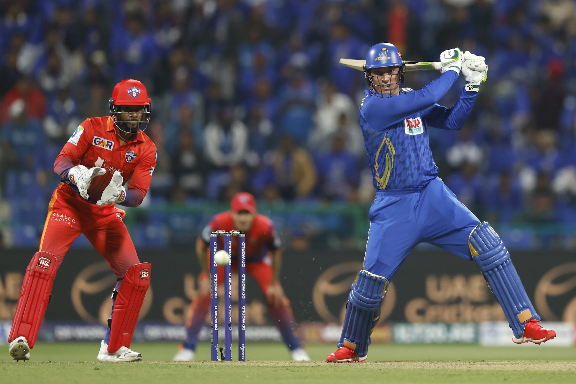 Tom Banton of MI Emirates plays a shot during the match 4 of the DP World ILT20 against Dubai Capitals at the Zayed Cricket Stadium in Abu Dhabi on Mnday night (Deepak Malik/ILT20)