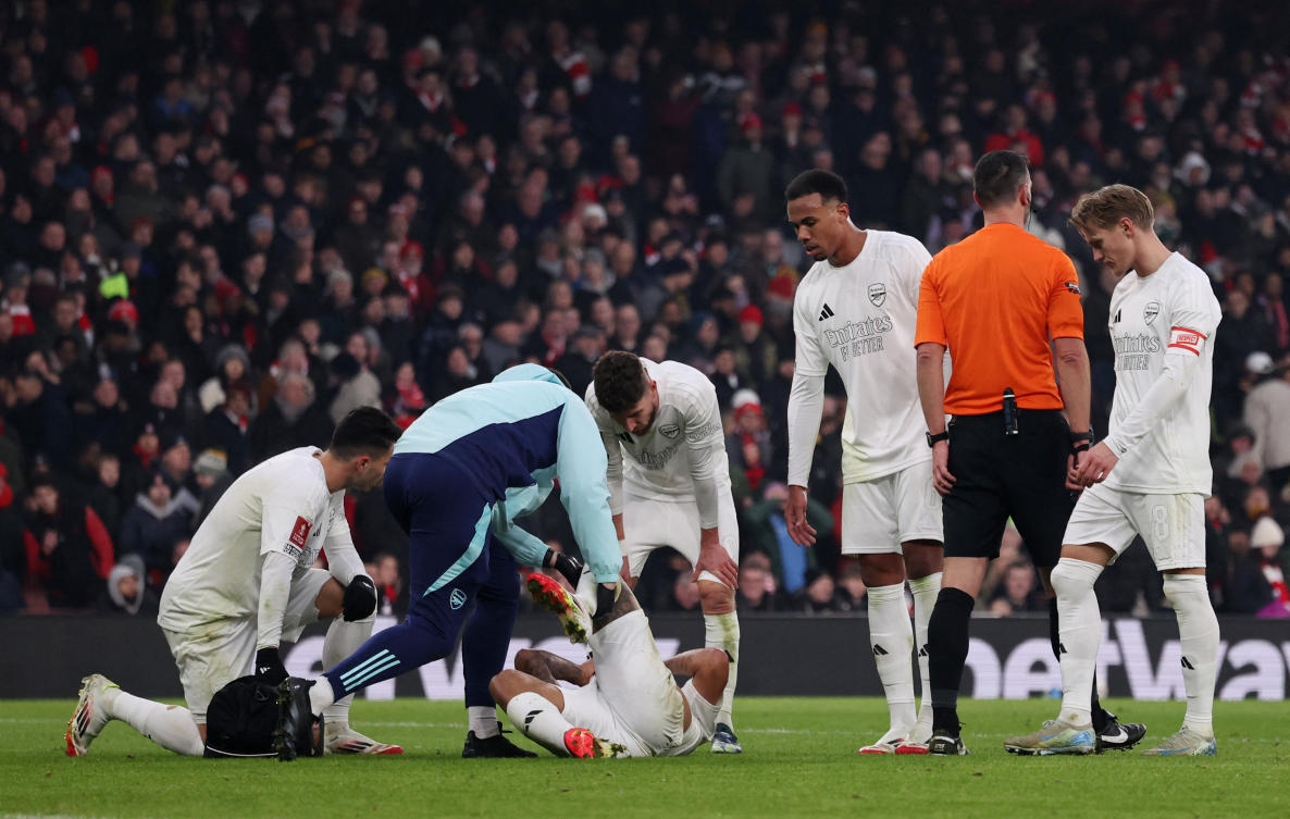 Arsenal’s Gabriel Jesus receives medical attention after sustaining an injury during their FA Cup — Third Round — match against Manchester United at Emirates Stadium, Jan. 12, 2025. (Reuters)