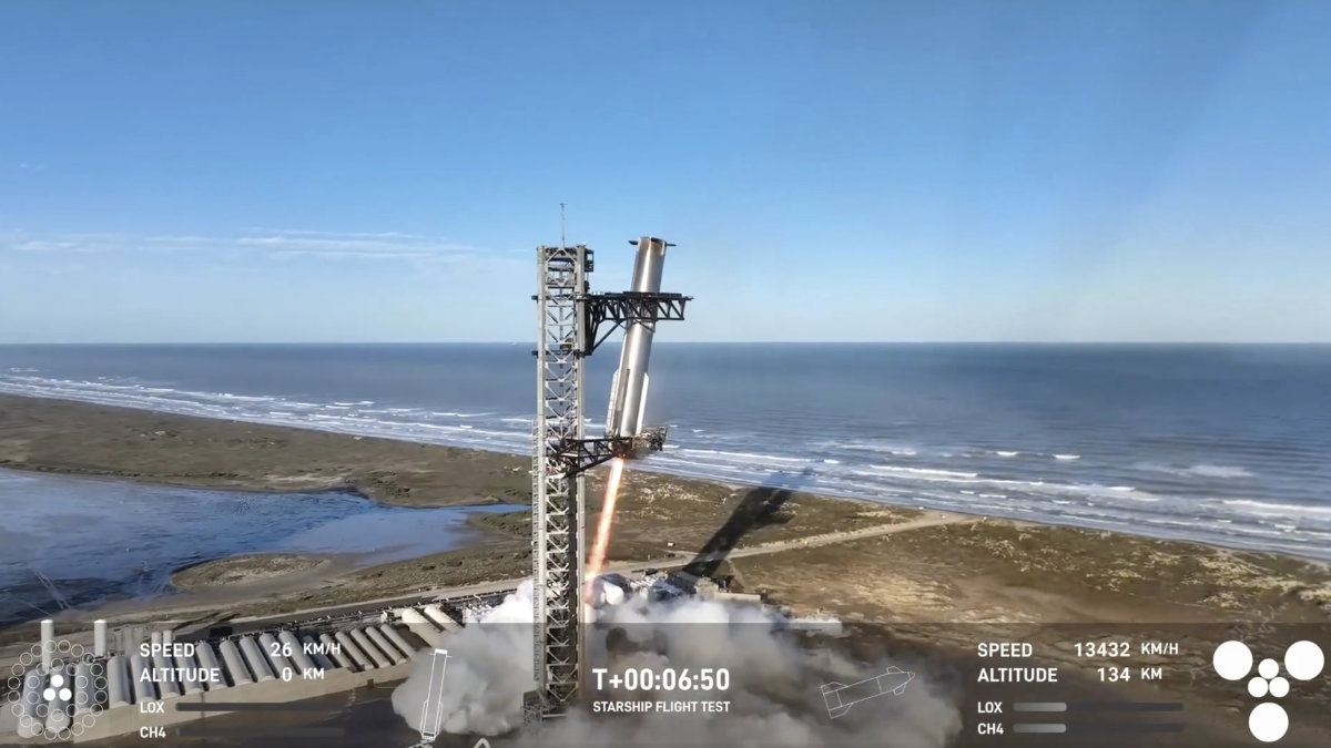 In this image from video provided by SpaceX, the company's Starship rocket booster returns to the launch pad in Boca Chica, Texas, on Jan. 16, 2025. (SpaceX via AP)