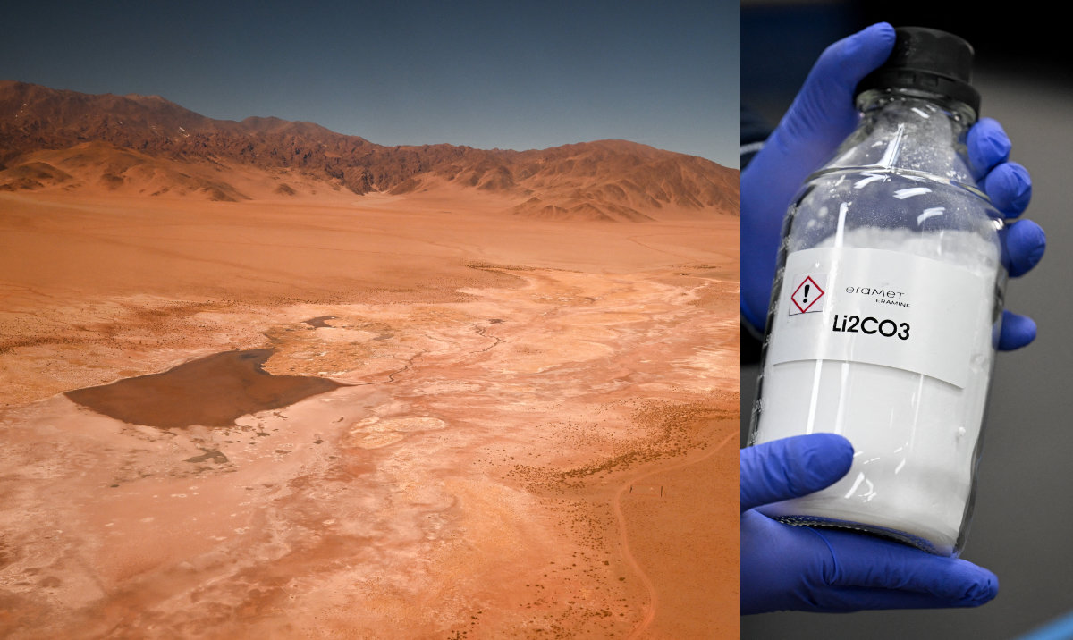 This combination image shows an aerial view of an Eramine lithium extraction area in Salta province, Argentina, (left) and a bottle containing a sample of lithium carbonate in a laboratory of the Eramine lithium extraction. Like Argentina, Saudi Arabia has vast sources rich in lithium. (AFP photos)