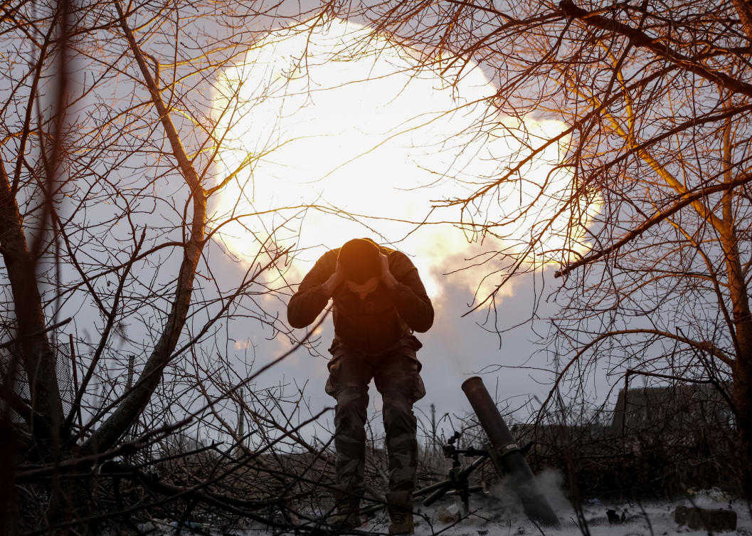 A Ukrainian serviceman reacts after firing a 120mm mortar toward Russian troops at a frontline in the Kharkiv region on Jan. 16, 2025. (Reuters)