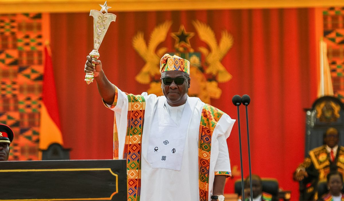 Ghana's new President John Mahama holds state sword after taking the oath of office at his inauguration at the Independence Square in Accra on January 7, 2025. (AFP)