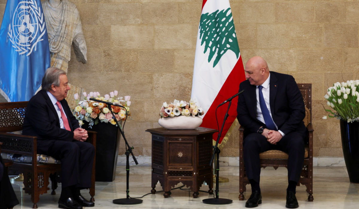 United Nations Secretary-General Antonio Guterres meets with Lebanese President Joseph Aoun at the presidential palace, in Baabda, Lebanon January 18, 2025. (REUTERS)