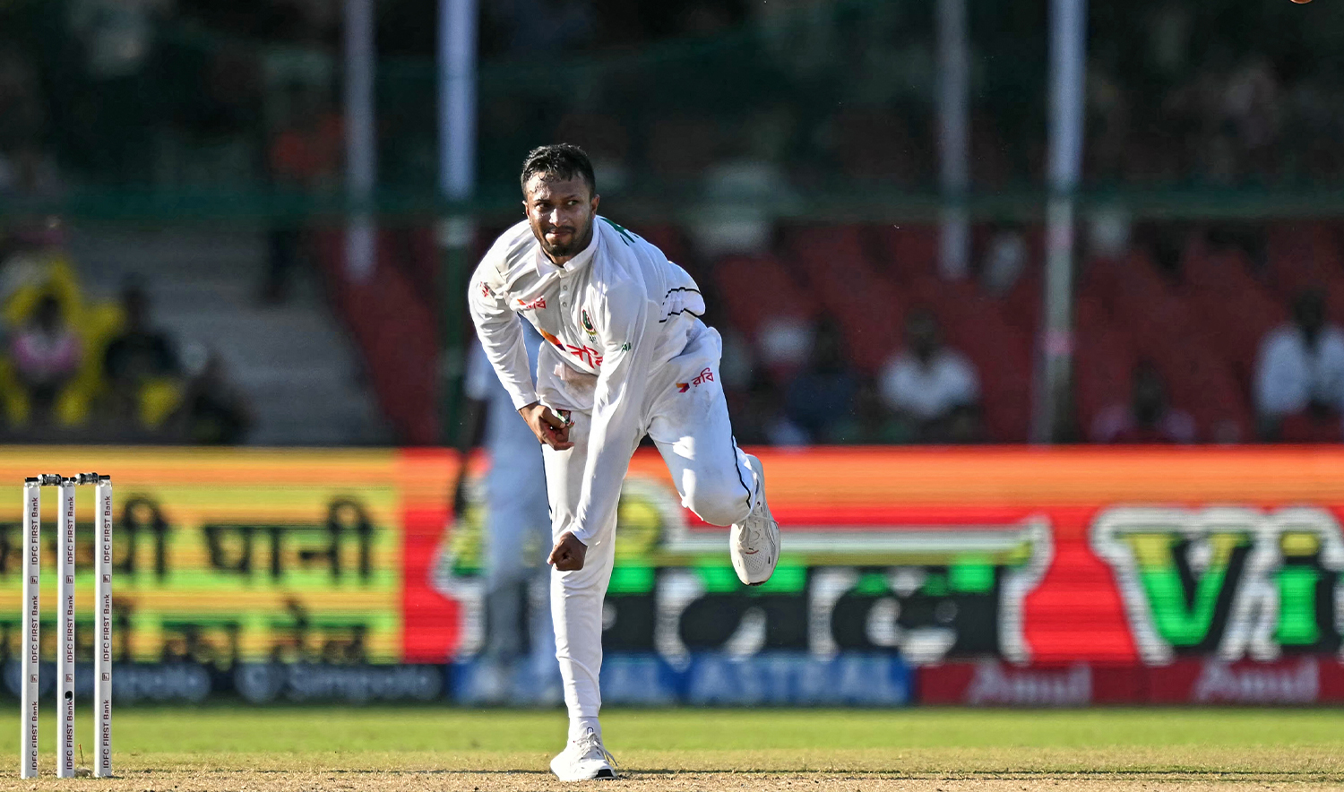 Bangladesh's Shakib Al Hasan delivers a ball during the fourth day of the second Test cricket match between India and Bangladesh at the Green Park Cricket Stadium in Kanpur on September 30, 2024. (AFP/File)