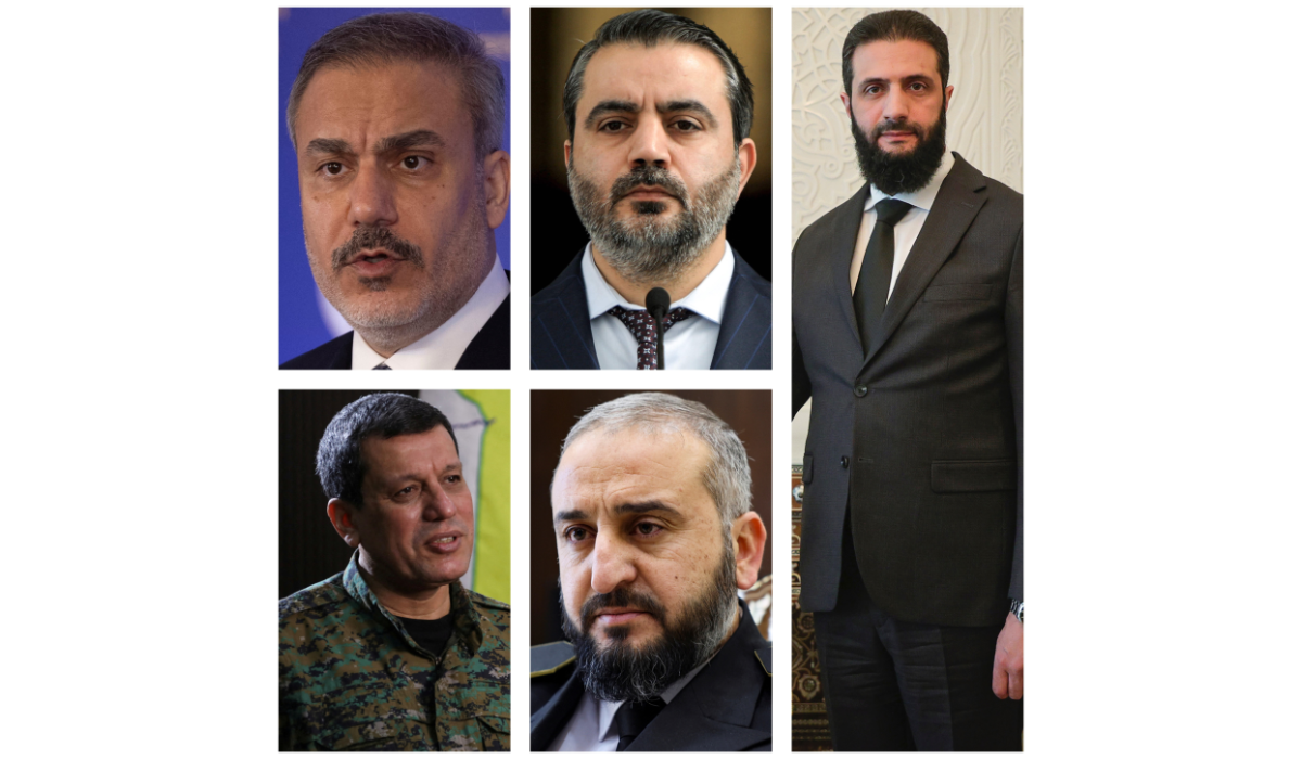 (Clockwise) Asaad Shaybani, Foreign Minister for the interim Syrian government, Syria's de facto leader Ahmed Al-Sharaa, Syria's new defense minister Murhaf Abu Qasra, Commander of Syrian Kurdish-led forces Mazloum Abdi and Turkish Foreign Minister Hakan Fidan. (Agencies)
