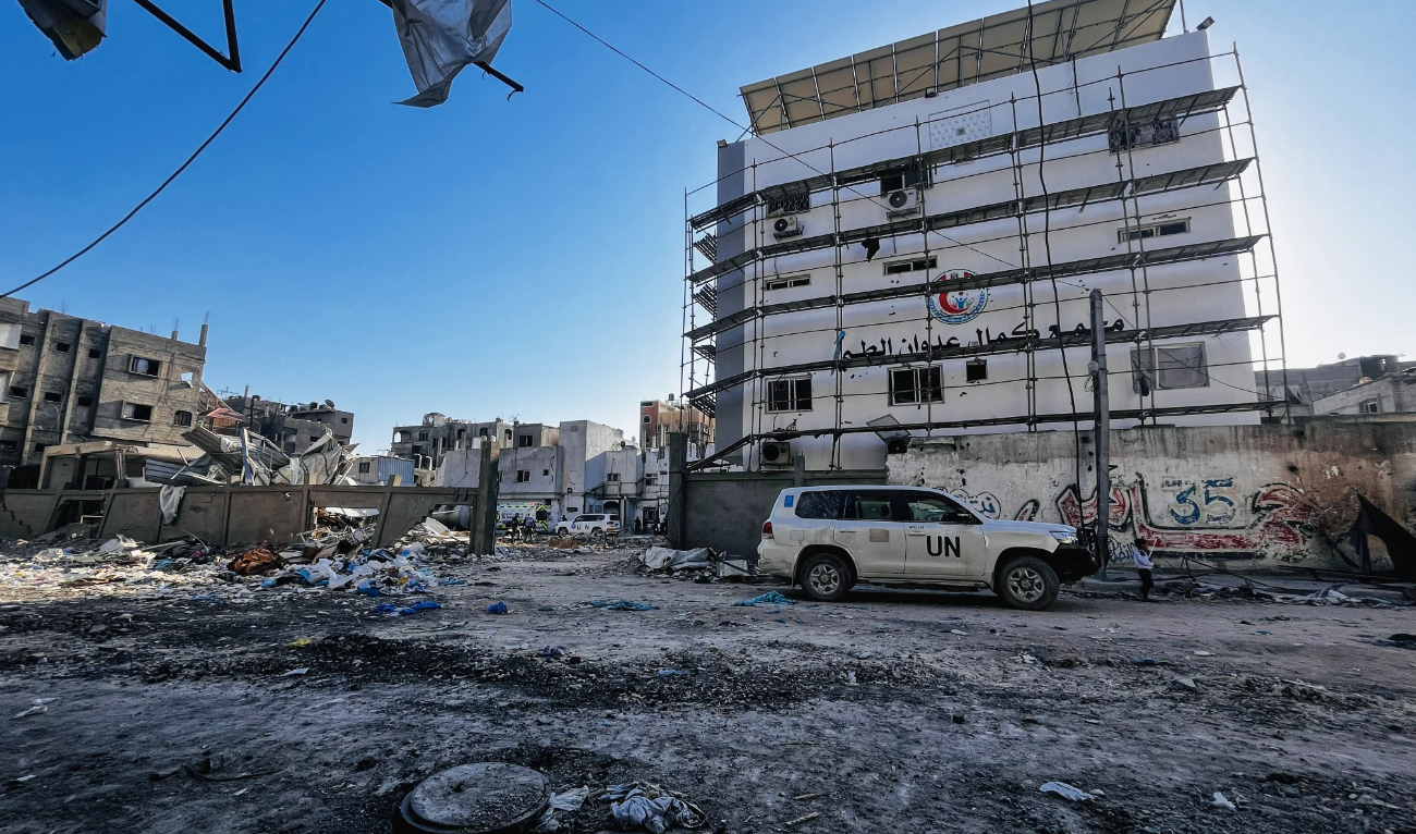 UN-branded vehicles are parked at the Kamal Adwan Hospital in Beit Lahia in the northern Gaza Strip as medics evacuate injured people and cancer patients on October 28, 2024. (AFP/File)