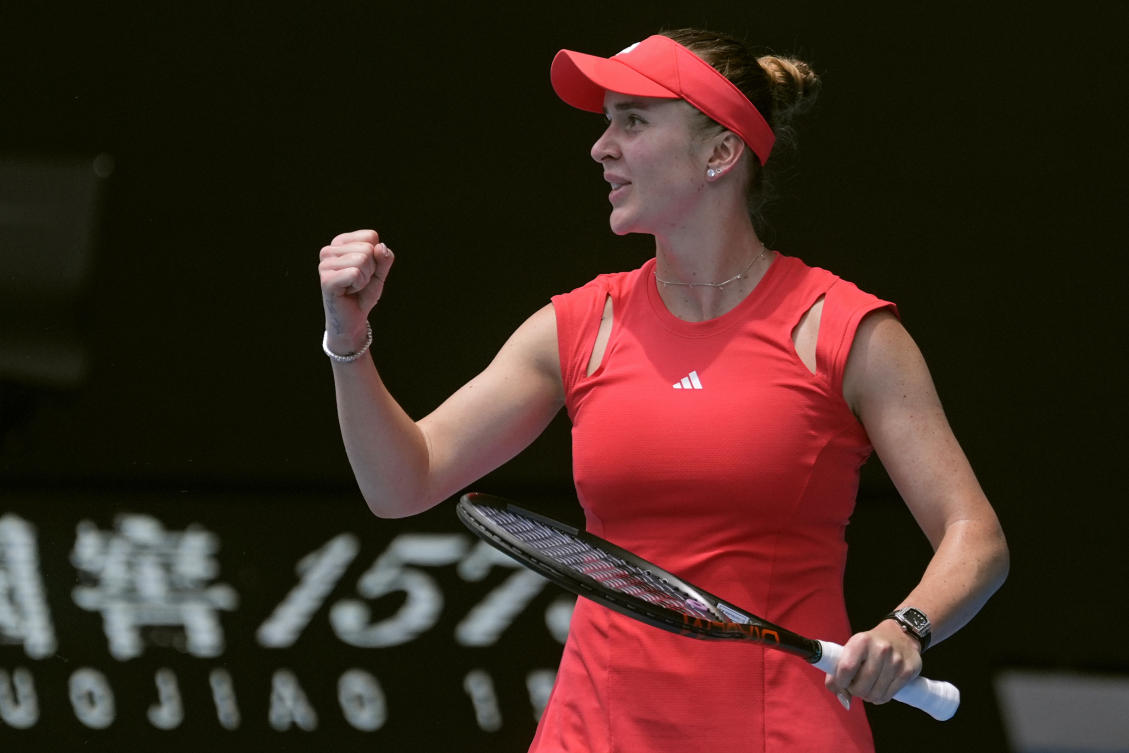 Elina Svitolina of Ukraine celebrates after defeating Veronika Kudermetova of Russia in their fourth round match at the Australian Open tennis championship in Melbourne on Jan. 20, 2025. (AP)