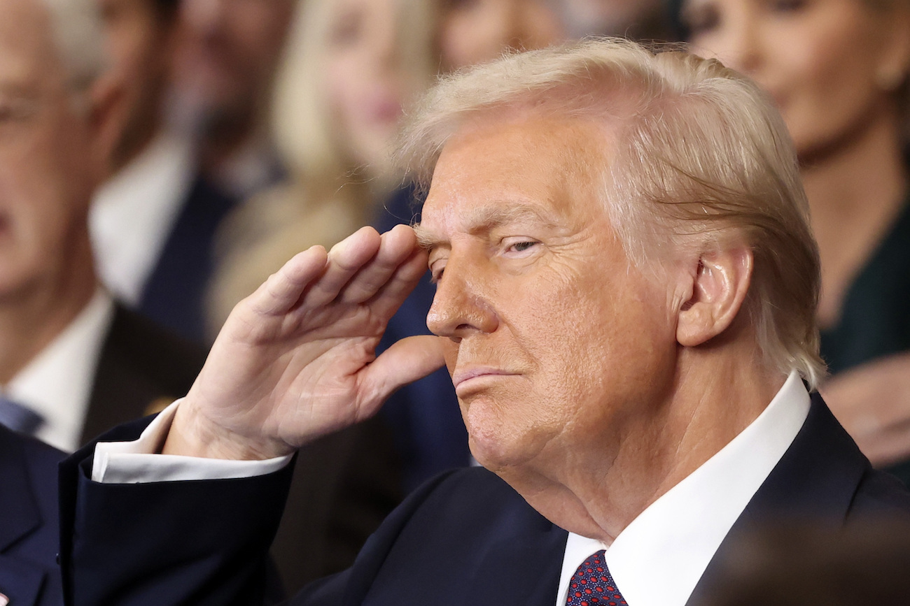 President Donald Trump salutes during the 60th Presidential Inauguration in the Rotunda of the US Capitol in Washington, Monday, Jan. 20, 2025. (AP)