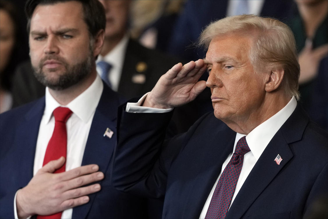 Donald Trump and JD Vance listen to Christopher Macchio sing during the 60th Presidential Inauguration in the Rotunda of the US Capitol in Washington, Monday, Jan. 20, 2025. (AP Photo)