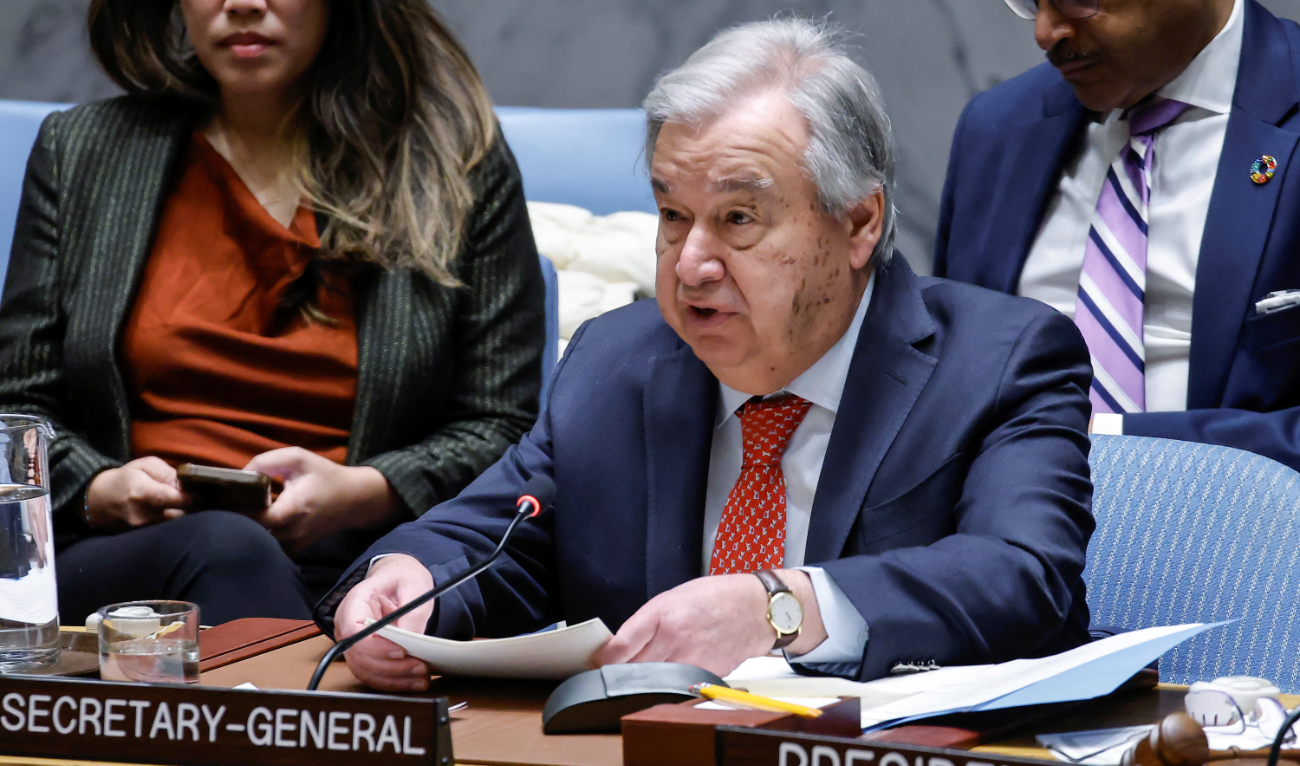 United Nations Secretary-General Antonio Guterres addresses members of the Security Council about the Middle East situation, including the Palestinian Question at UN Headquarters in New York City, US, January 20, 2025. (Reuters)