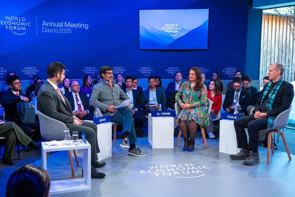 L-to-R: Sam Jacobs, Editor-in-Chief, TIME; Mina Al-Oraibi, Editor-in-Chief, The National; Samir Saran, President, Observer Research Foundation; Patrick Foulis, Foreign Editor, The Economist; speaking in First Impressions: Inauguration Day session at the WEF Annual Meeting 2025 in Davos-Klosters, Switzerland. (WEF)