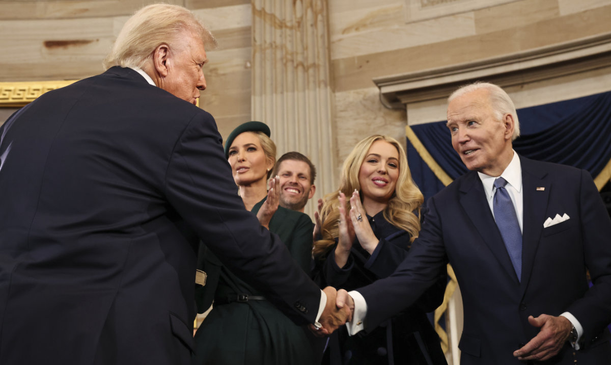 President Donald Trump shakes hands with former President Joe Biden during the 60th Presidential Inauguration in the Rotunda of the US Capitol in Washington, Monday, Jan. 20, 2025. (AP)