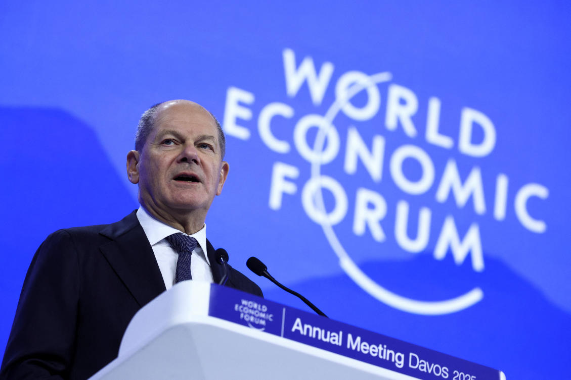 German Chancellor Olaf Scholz addresses the 55th annual World Economic Forum (WEF) meeting in Davos, Switzerland, Jan. 21, 2025. (Reuters)