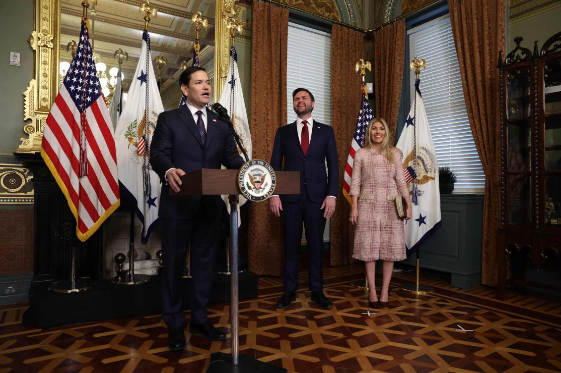 Former US Sen. Marco Rubio speaks as his wife Jeanette Dousdebes Rubio and Vice President J.D. Vance listen during a swearing in ceremony at the Vice President’s ceremonial office at Eisenhower Executive Office Building Jan. 21, 2025 in Washington. (AFP)