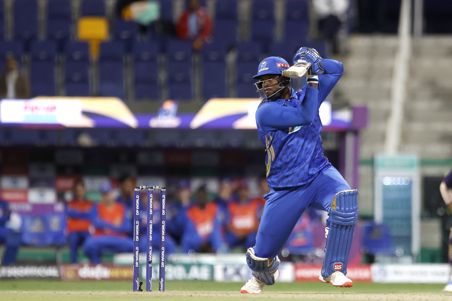 Romario Shepherd of MI Emirates plays a shot during the the DP World ILT20 win over the Abu Dhabi Knight Riders at the Zayed Cricket Stadium in Abu Dhabi (CREIMAS/ILT20)