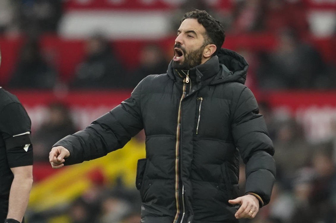 Manchester United’s head coach Ruben Amorim follows the game during their English Premier League match against Brighton and Hove Albion, at the Old Trafford stadium in Manchester, Jan. 19, 2025. (AP)