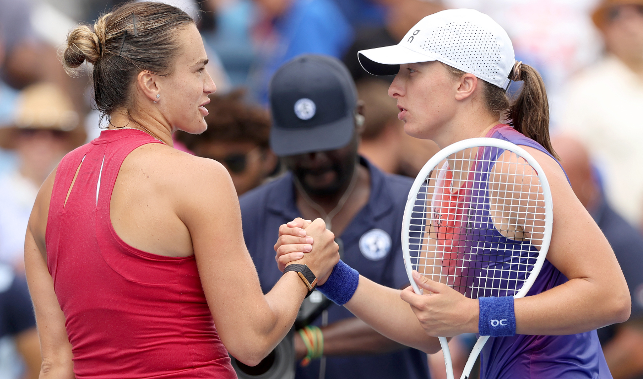 Aryna Sabalenka of Belarus is congratulated by Iga Swiatek of Poland after their match during the semifinals on Day 8 of the Cincinnati Open at the Lindner Family Tennis Center on Aug. 18, 2024 in Mason, Ohio. (File/AFP)