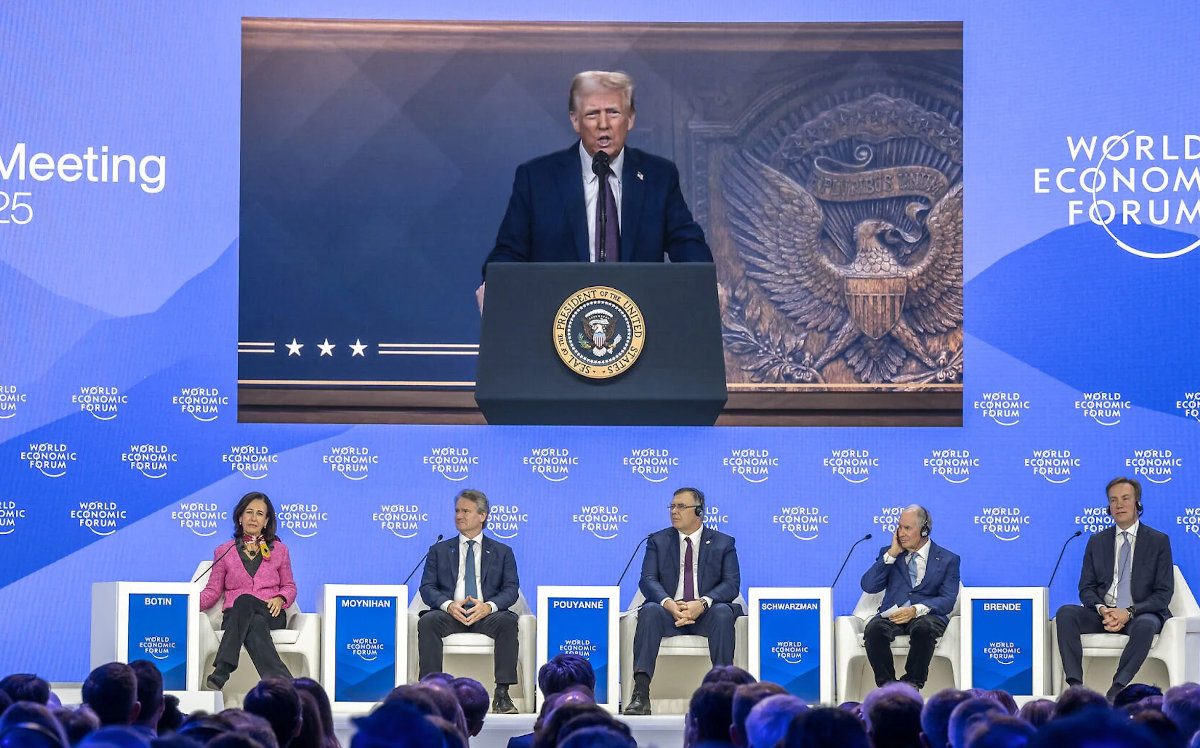 US President Donald Trump speaking by video from the White House to the annual World Economic Forum in Davos on Thursday. (WEF photo)