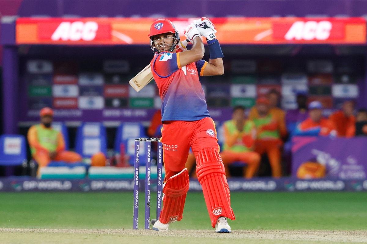 Dasun Shanaka of Dubai Capitals plays a shot during the DP World ILT20 win against the Gulf Giants at the Dubai International Cricket Stadium. (Vipin Pawar/ILT20)