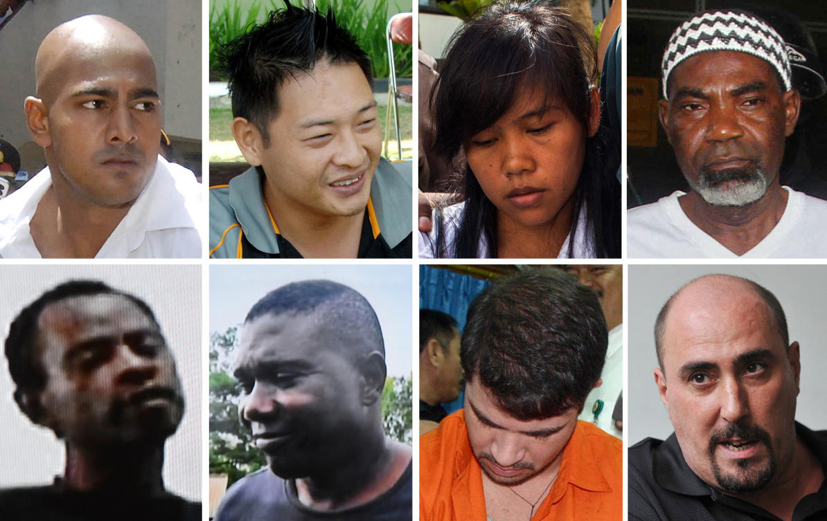 Top row from left: Australians Myuran Sukumaran and Andrew Chan, Filipino Mary Jane Veloso and Nigerian Martin Anderson. Bottom row from left: Nigerians Raheem Agbaje Salami, Silvester Obiekwe Nwolize, Brazilian Rodrigo Gularte, and Frenchman Serge Atlaoui. All have had their appeal for clemency rejected by Indonesian President Joko Widodo, a vocal supporter of capital punishment for drug offenders. AFP PHOTO (AFP)
