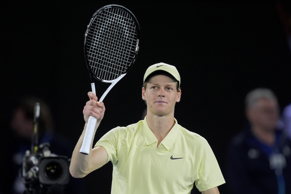 Jannik Sinner of Italy celebrates after defeating Ben Shelton of the US in their semifinal match at the Australian Open in Melbourne, Australia on Jan. 24, 2025. (AP)