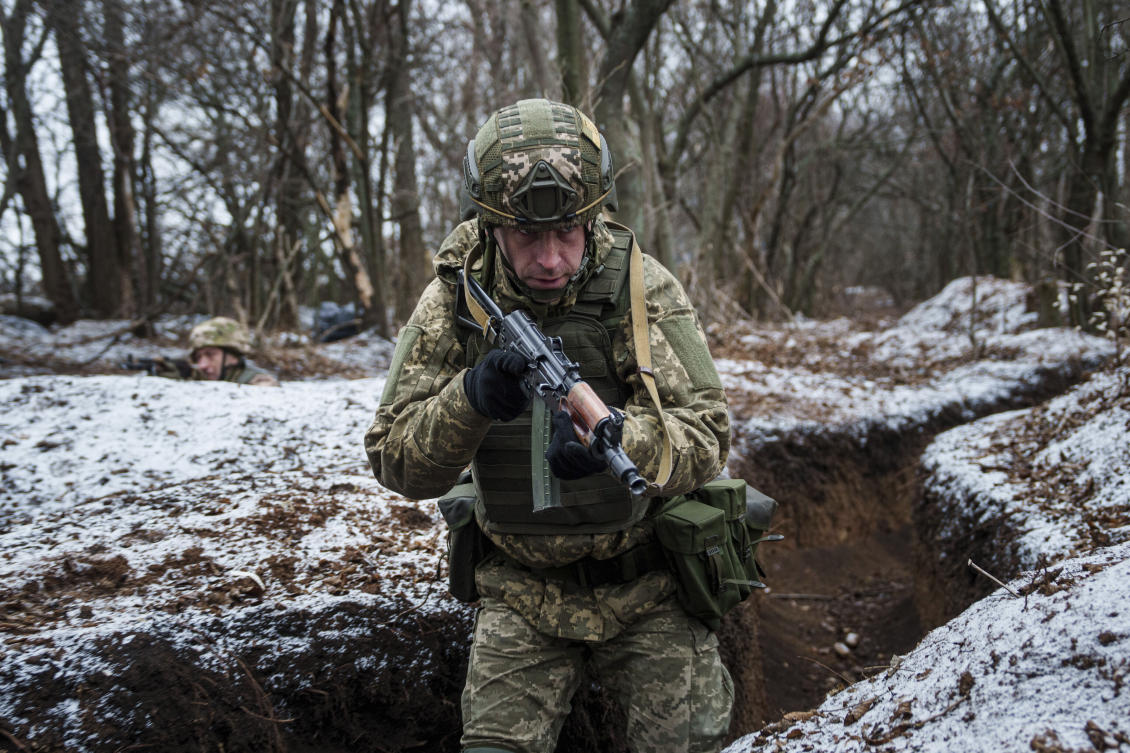 A Ukrainian serviceman of 24th Mechanized brigade trains at the polygon not far from frontline in Donetsk region, Ukraine, Jan. 21, 2025 (AP)