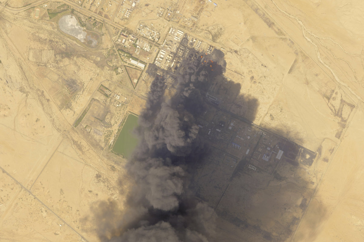 This Planet Labs PBC satellite image shows a fire engulfing Sudan's largest oil refinery north of Khartoum on Jan. 24, 2025. (Planet Labs PBC via AP)