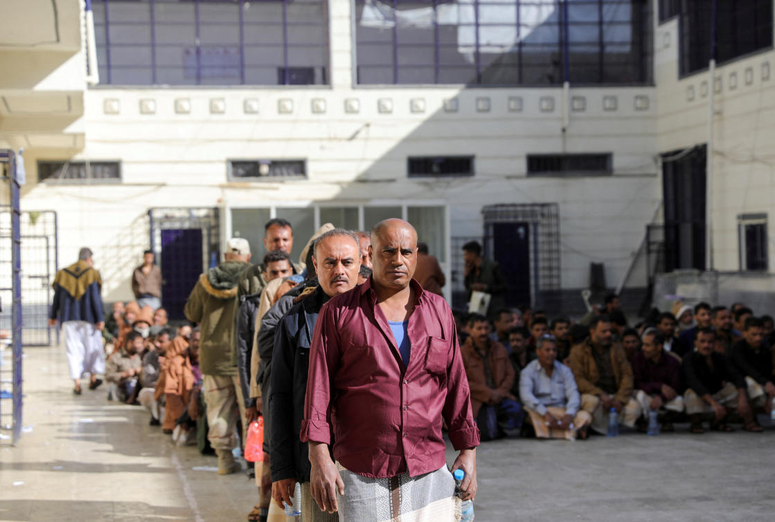 People detained by the Houthis wait for their release in Sanaa, Yemen on Jan. 25, 2025. (Reuters)