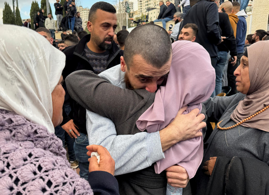 A freed Palestinian prisoner is greeted in Ramallah in the Israeli-occupied West Bank after being released from an Israeli jail on Jan. 25. (Reuters)