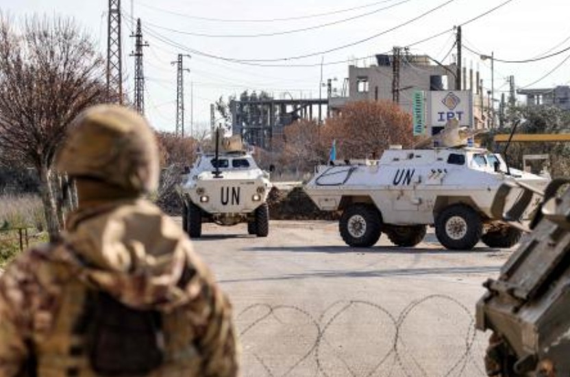 Armored vehicles of the United Nations Interim Force in Lebanon (UNIFIL) approach a Lebanese army roadblock near a checkpoint in the village of Burj el-Meluk in Nabatiyeh in southern Lebanon near the border with Israel on January 25, 2025. (AFP)