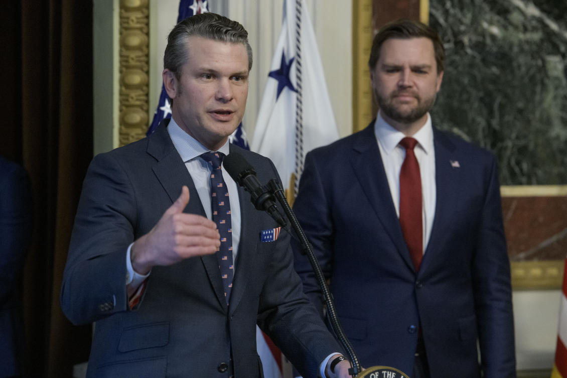 Pete Hegseth speaks after being sworn in as Secretary of Defense by Vice President JD Vance in Washington on Saturday. (AP)