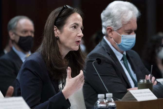 Director of National Intelligence Avril Haines, left, next to CIA Director William Burns, testifies at a US House Intelligence committee hearing on Oct. 27, 2021. (AP/File)