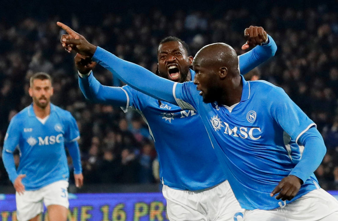 Napoli’s Romelu Lukaku celebrates scoring their second goal with Frank Anguissa during their Serie A match against Juventus — Stadio Diego Armando Maradona, Naples, Jan. 25, 2025. (Reuters)