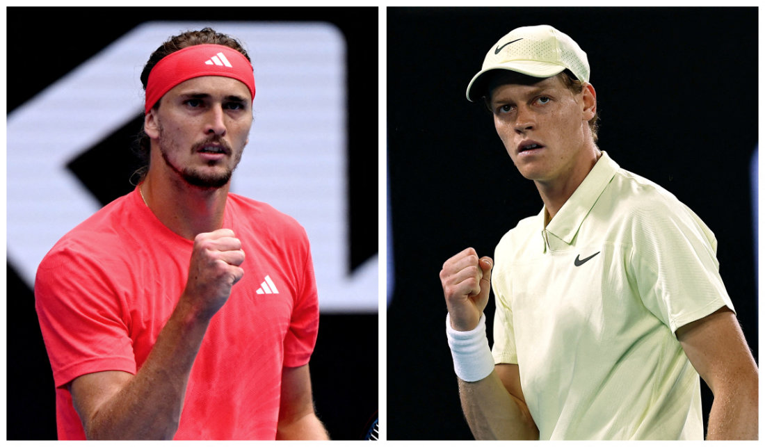 A combination picture shows Germany’s Alexander Zverev during his fourth round match against France’s Ugo Humbert and Italy’s Jannik Sinner during his second round match against Australia’s Tristan Schoolkate ahead of their Australian Open final on Jan. 26, 2025. (Reuters)