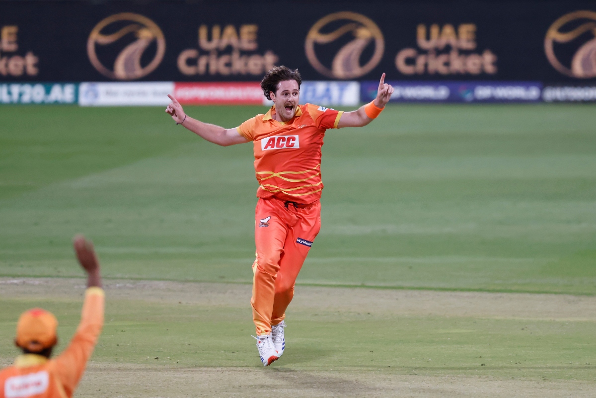 Mark Adair of Gulf Giants celebrates the wicket of Nicholas Pooran the DP World ILT20 win over the MI Emirates at the Zayed Cricket Stadium in Abu Dhabi. (Deepak Malik/ILT20)