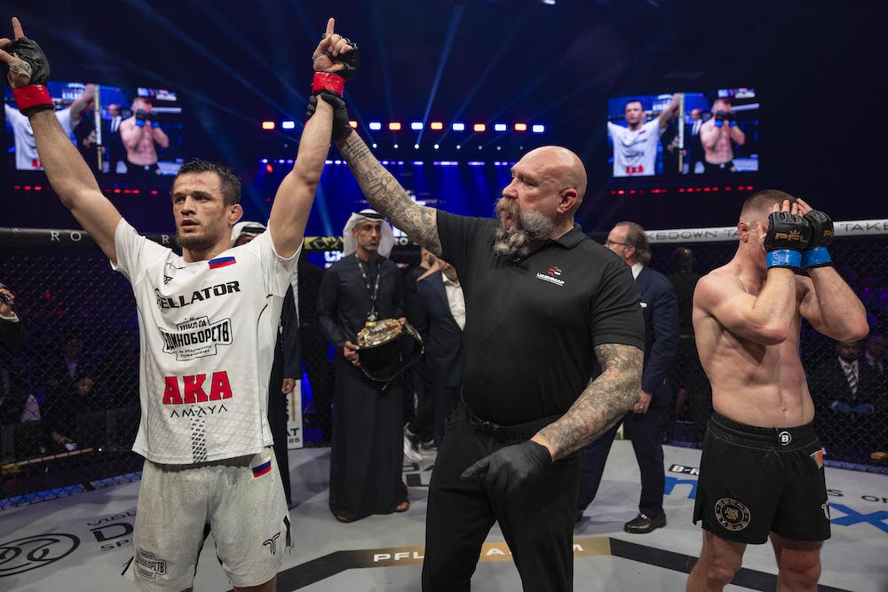 Usman Nurmagomedov defeated Paul Hughes to retain the Bellator Lightweight world title in Dubai. (Jose Peñuela/PFL)