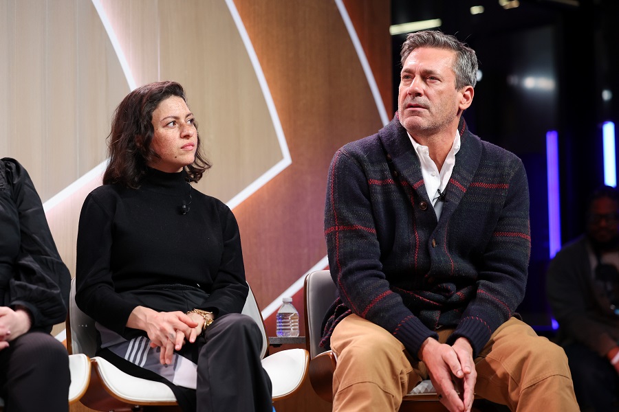 Alia Shawkat and Jon Hamm discuss "The Big Fix" onstage at Variety x Audible Cocktails and Conversations at Sundance on January 26, 2025 in Park City, Utah. (Getty Images)